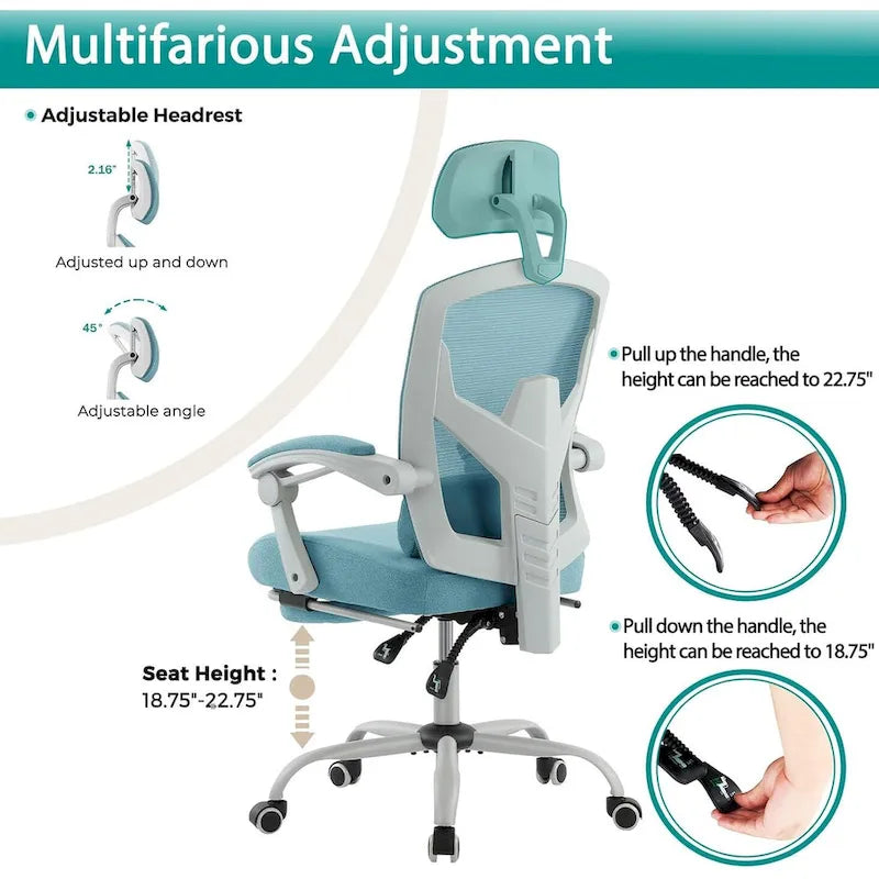 Chaise de bureau à domicile avec repose-pieds, chaises inclinables pivotantes à dossier haut en maille, appui-tête confortable, soutien lombaire