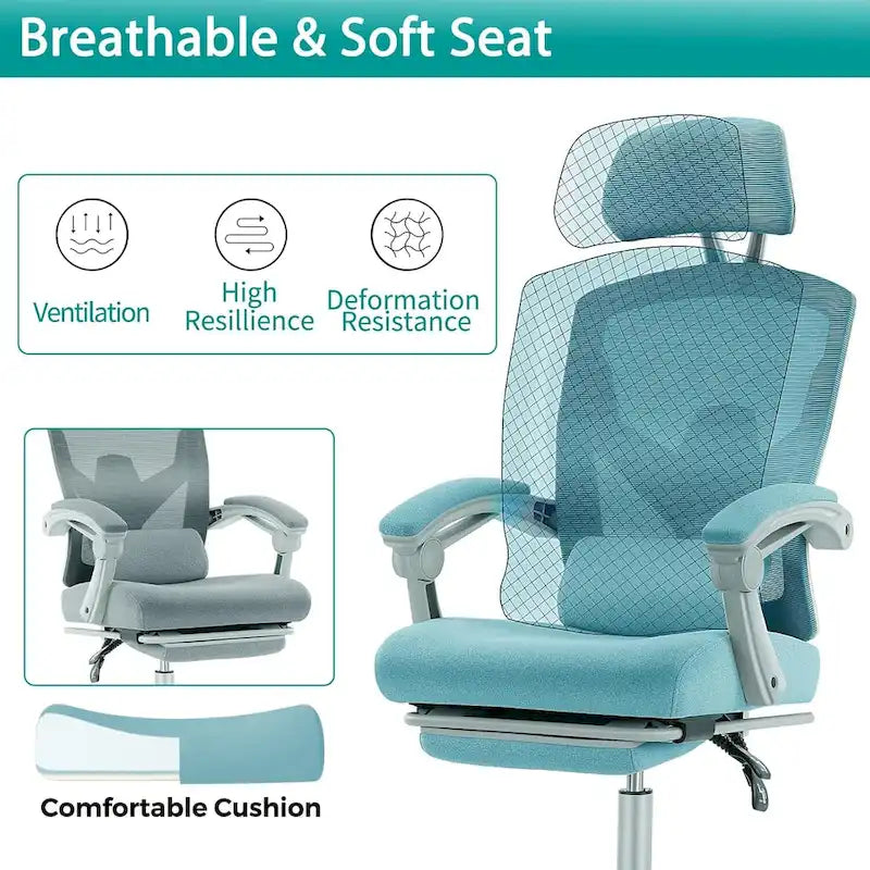 Chaise de bureau à domicile avec repose-pieds, chaises inclinables pivotantes à dossier haut en maille, appui-tête confortable, soutien lombaire
