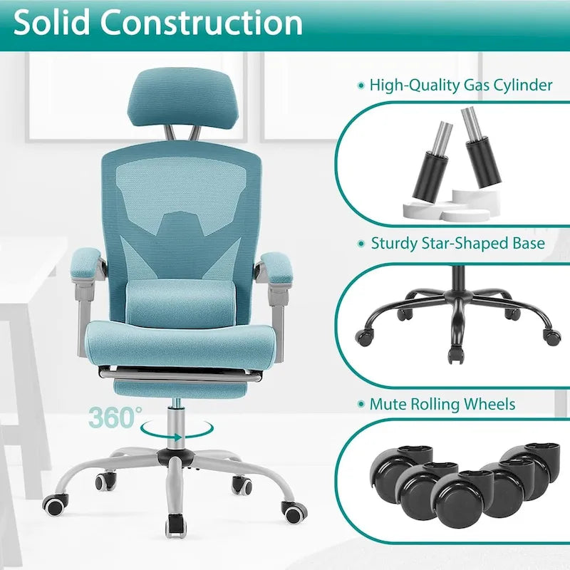 Chaise de bureau à domicile avec repose-pieds, chaises inclinables pivotantes à dossier haut en maille, appui-tête confortable, soutien lombaire