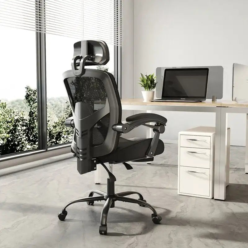 Chaise de bureau à domicile avec repose-pieds, chaises inclinables pivotantes à dossier haut en maille, appui-tête confortable, soutien lombaire