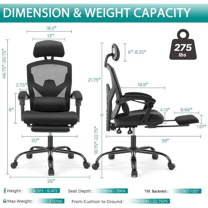Chaise de bureau à domicile avec repose-pieds, chaises inclinables pivotantes à dossier haut en maille, appui-tête confortable, soutien lombaire