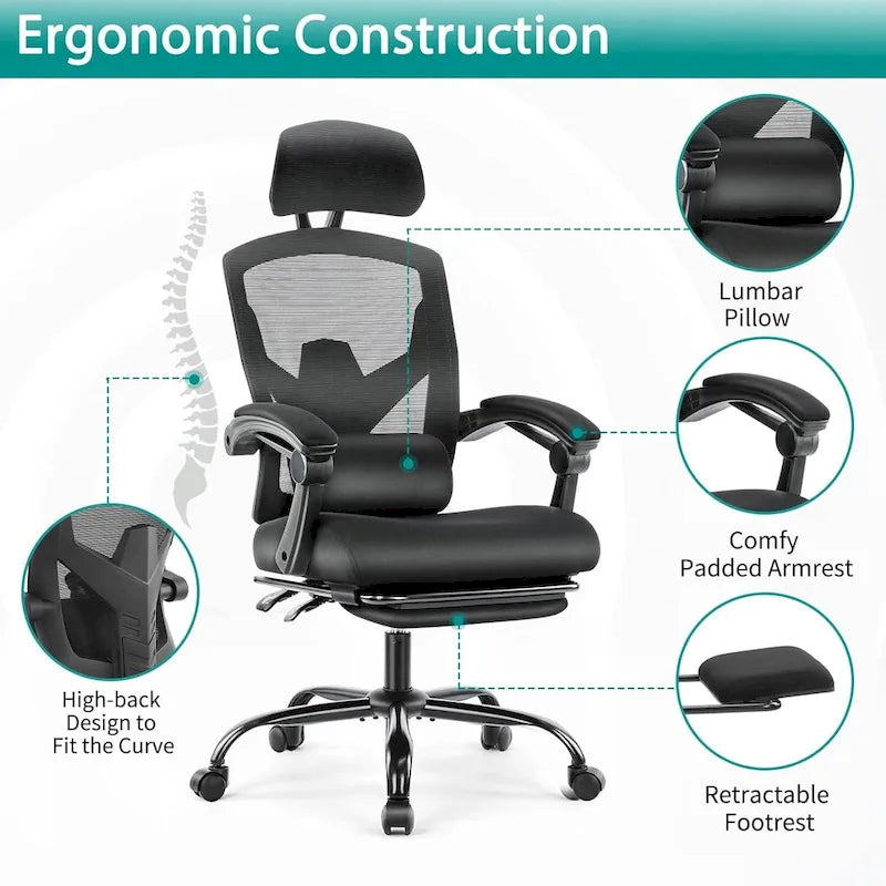 Chaise de bureau à domicile avec repose-pieds, chaises inclinables pivotantes à dossier haut en maille, appui-tête confortable, soutien lombaire