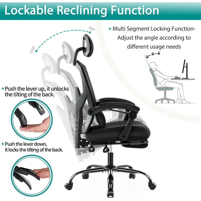 Chaise de bureau à domicile avec repose-pieds, chaises inclinables pivotantes à dossier haut en maille, appui-tête confortable, soutien lombaire