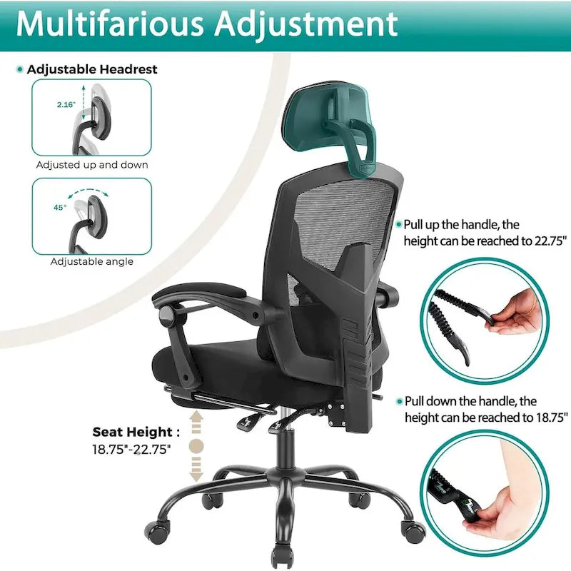 Chaise de bureau à domicile avec repose-pieds, chaises inclinables pivotantes à dossier haut en maille, appui-tête confortable, soutien lombaire