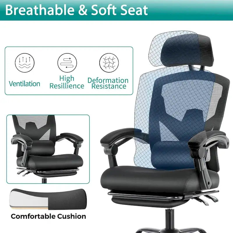Chaise de bureau à domicile avec repose-pieds, chaises inclinables pivotantes à dossier haut en maille, appui-tête confortable, soutien lombaire