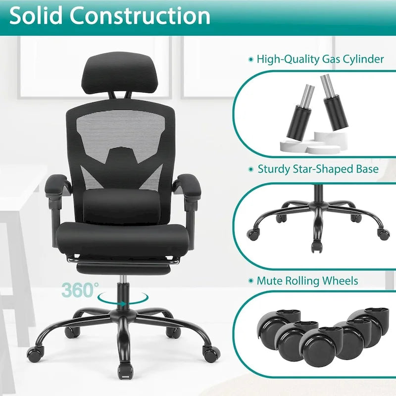 Chaise de bureau à domicile avec repose-pieds, chaises inclinables pivotantes à dossier haut en maille, appui-tête confortable, soutien lombaire