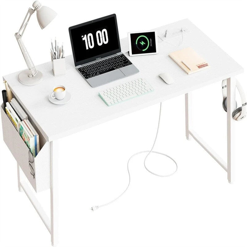 Bureau d'ordinateur blanc de 99 cm avec prise de courant