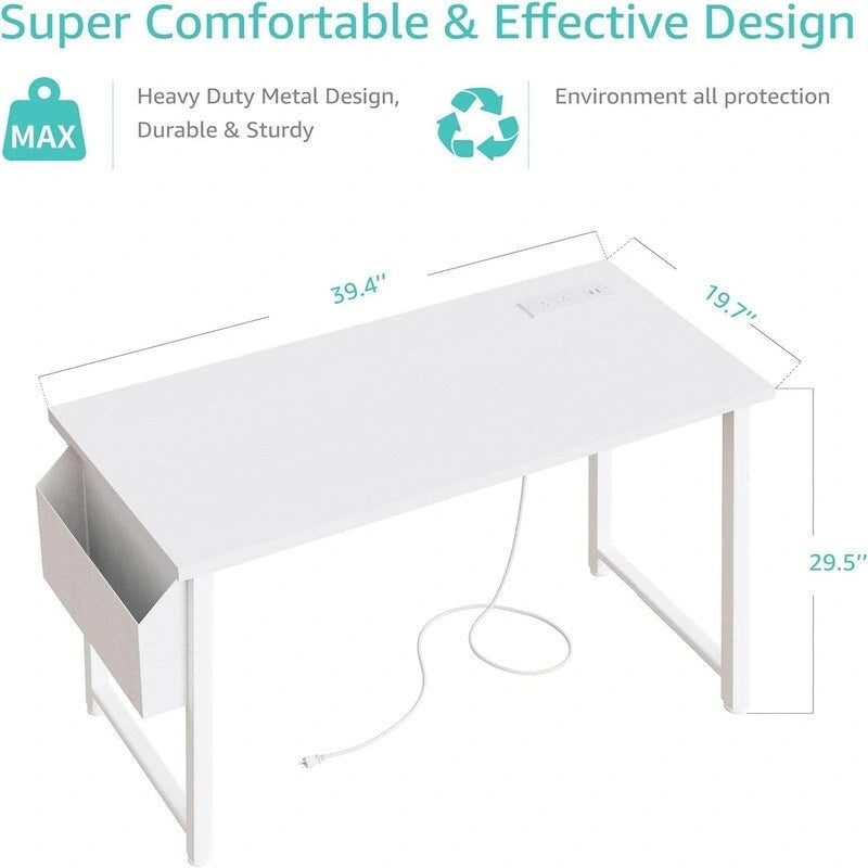 Bureau d'ordinateur blanc de 99 cm avec prise de courant