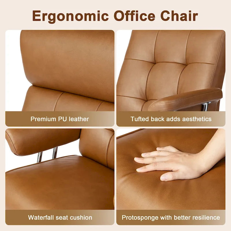 Chaise de bureau pivotante à dossier haut et accoudoirs, réglable par vérin à gaz, en similicuir marron, style Mid-Century Modern, par Glitzhome