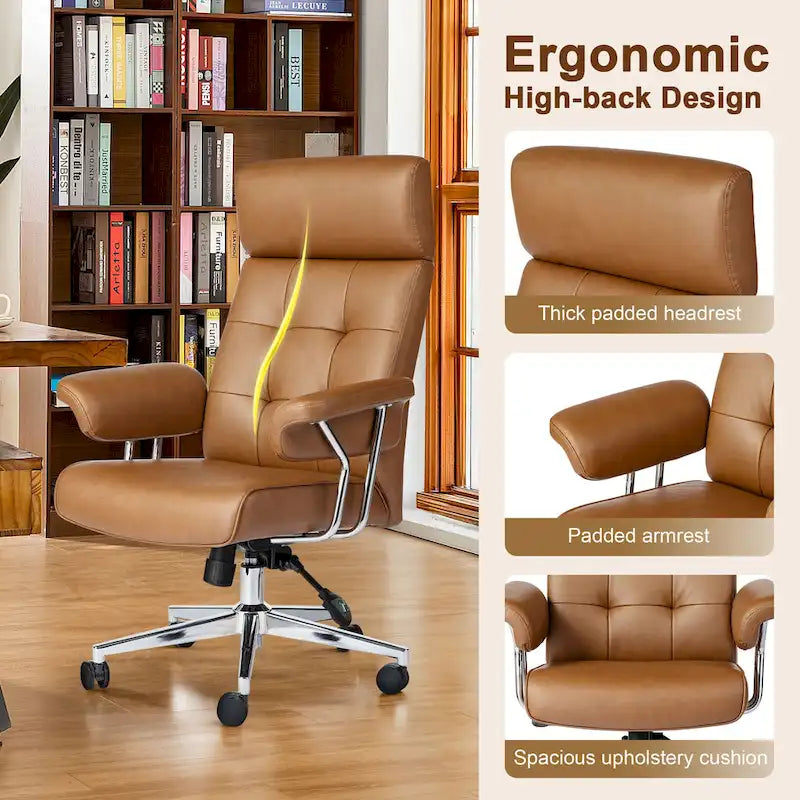 Chaise de bureau pivotante à dossier haut et accoudoirs, réglable par vérin à gaz, en similicuir marron, style Mid-Century Modern, par Glitzhome