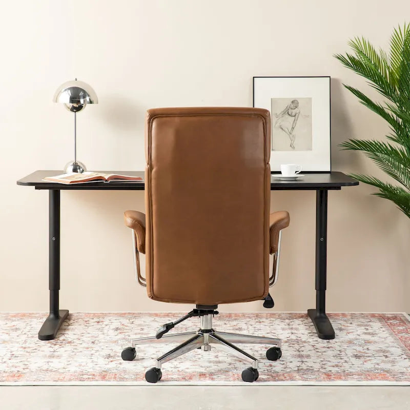 Chaise de bureau pivotante à dossier haut et accoudoirs, réglable par vérin à gaz, en similicuir marron, style Mid-Century Modern, par Glitzhome