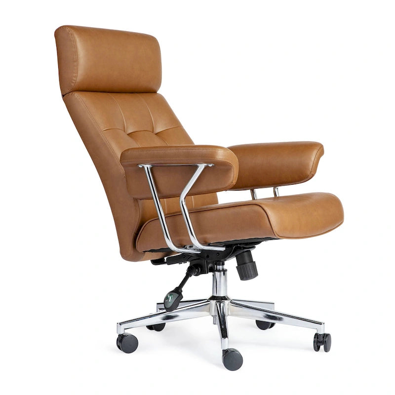 Chaise de bureau pivotante à dossier haut et accoudoirs, réglable par vérin à gaz, en similicuir marron, style Mid-Century Modern, par Glitzhome
