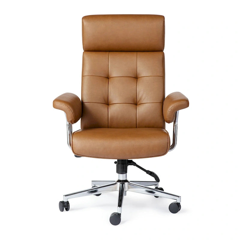 Chaise de bureau pivotante à dossier haut et accoudoirs, réglable par vérin à gaz, en similicuir marron, style Mid-Century Modern, par Glitzhome