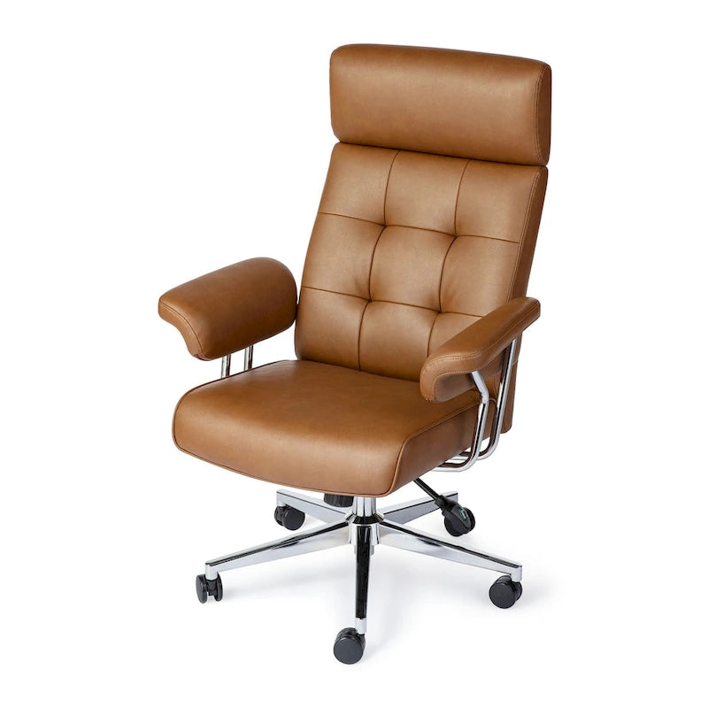 Chaise de bureau pivotante à dossier haut et accoudoirs, réglable par vérin à gaz, en similicuir marron, style Mid-Century Modern, par Glitzhome