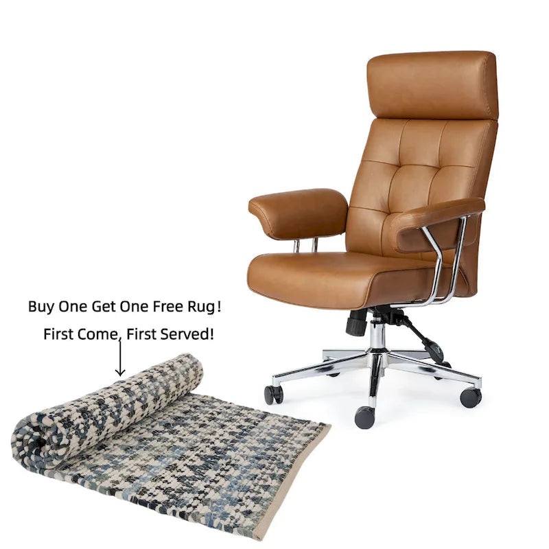 Chaise de bureau pivotante à dossier haut et accoudoirs, réglable par vérin à gaz, en similicuir marron, style Mid-Century Modern, par Glitzhome