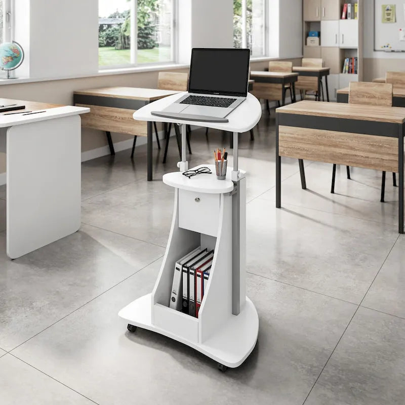 Chariot d'ordinateur portable réglable blanc à roulettes avec rangement, convertible assis-debout