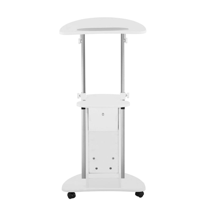 Chariot d'ordinateur portable réglable blanc à roulettes avec rangement, convertible assis-debout