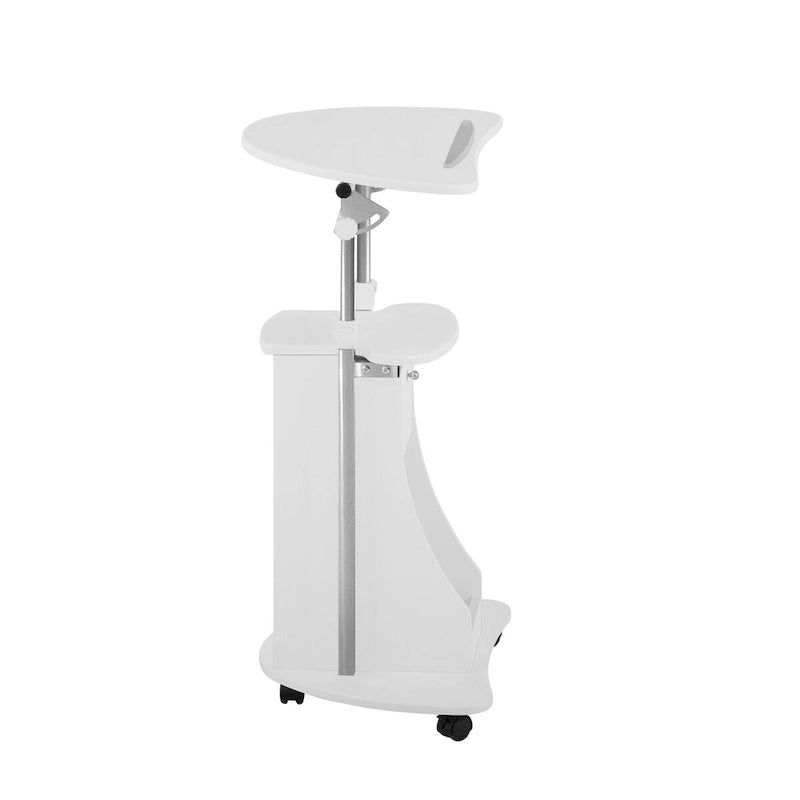 Chariot d'ordinateur portable réglable blanc à roulettes avec rangement, convertible assis-debout