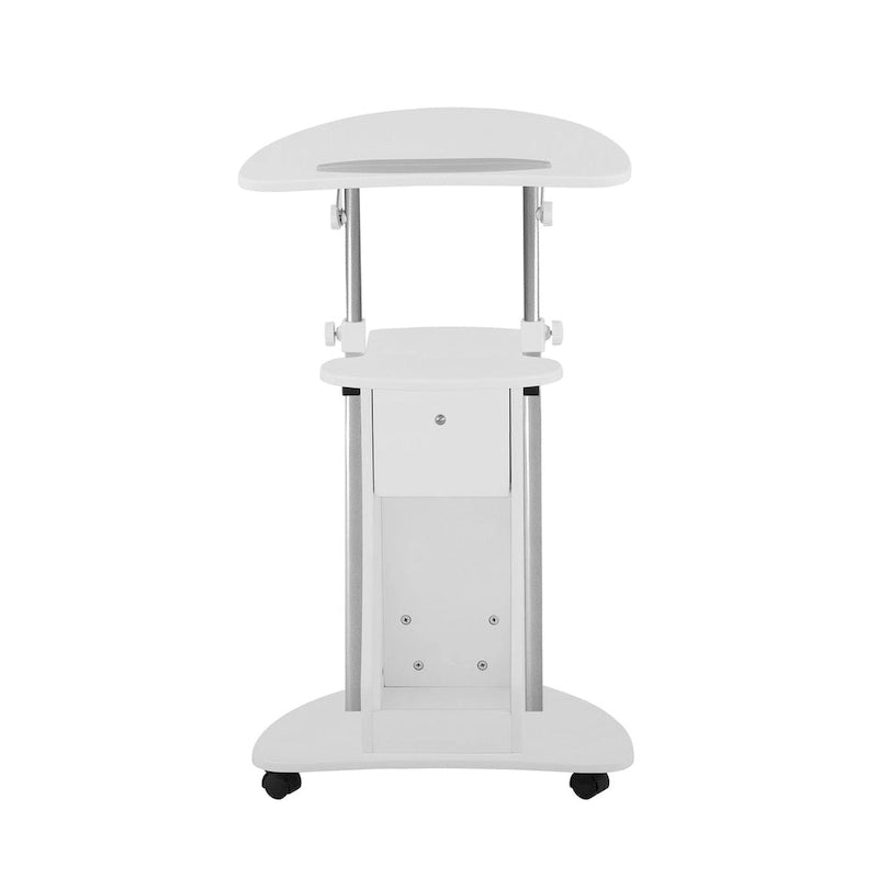 Chariot d'ordinateur portable réglable blanc à roulettes avec rangement, convertible assis-debout