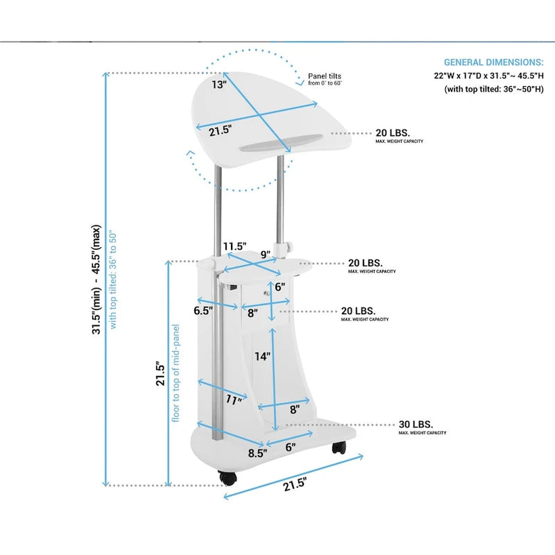 Chariot d'ordinateur portable réglable blanc à roulettes avec rangement, convertible assis-debout
