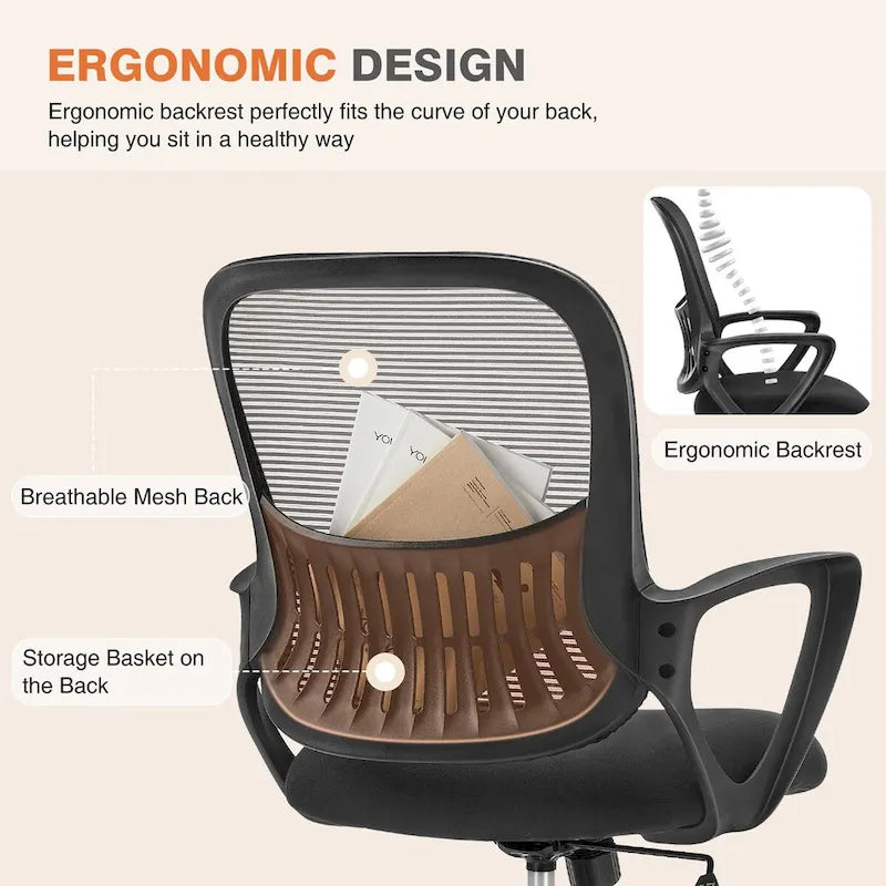 Chaise de bureau ergonomique avec accoudoirs fixes