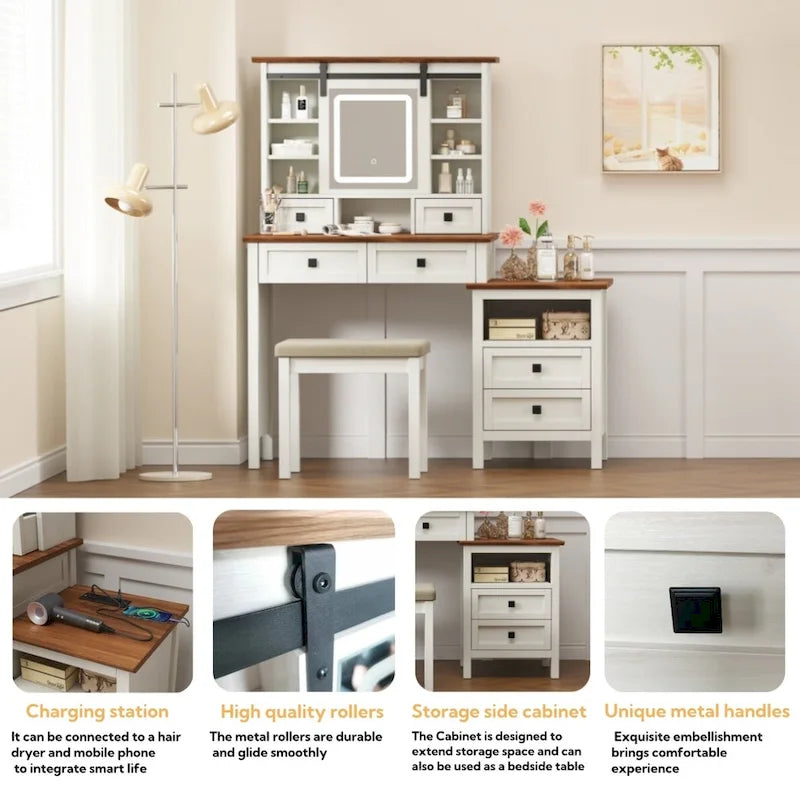 46.5 Farmhouse Makeup Vanity Desk with Adjustible LED Lighted Mirror and Charging Station, Rustic Dressing Vanity Table