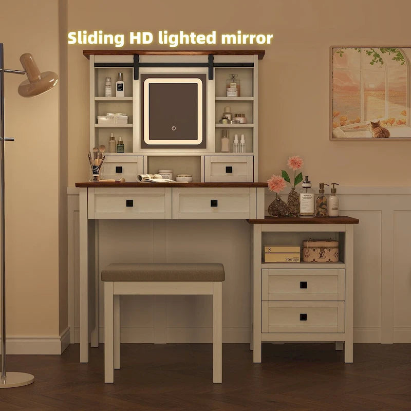 46.5 Table de Maquillage Coiffeuse de Ferme avec Miroir LED Réglable et Station de Recharge, Coiffeuse de Style Rustique