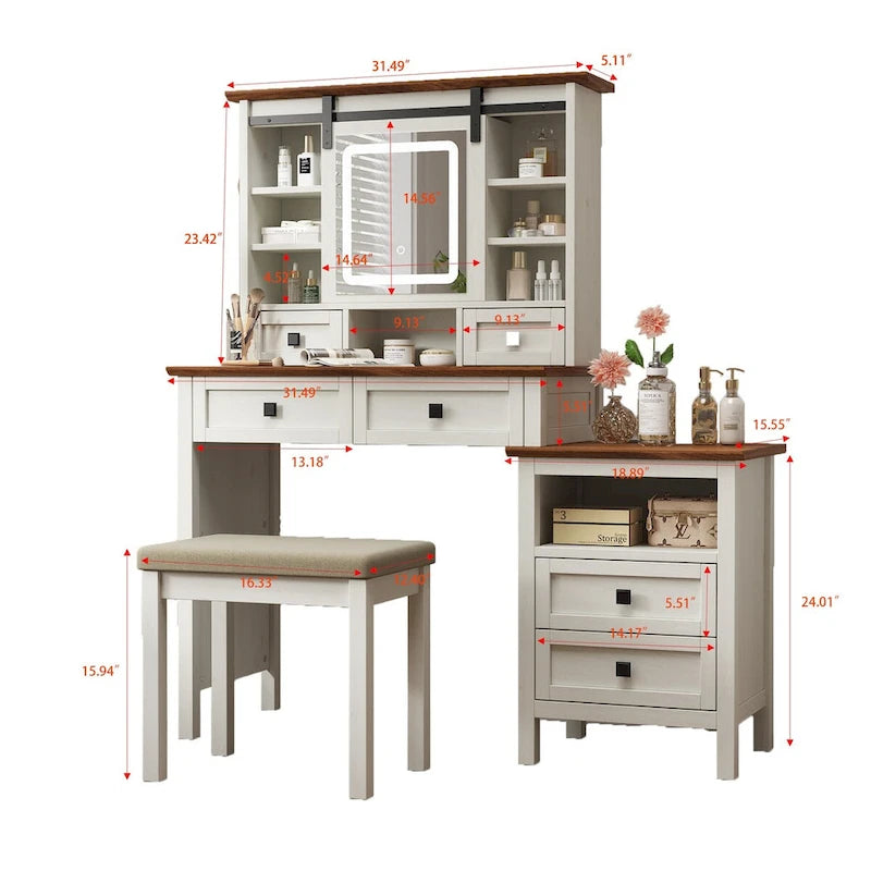 46.5 Table de Maquillage Coiffeuse de Ferme avec Miroir LED Réglable et Station de Recharge, Coiffeuse de Style Rustique