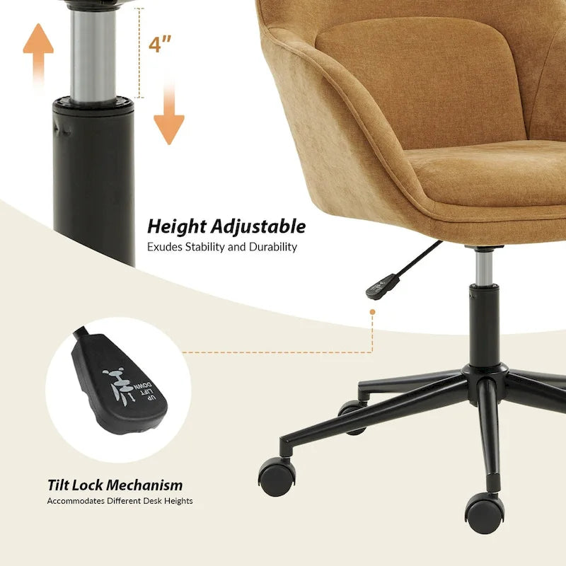 Chaise de bureau Victoria à dossier courbé pivotante avec roulettes et base en métal par HULALA HOME