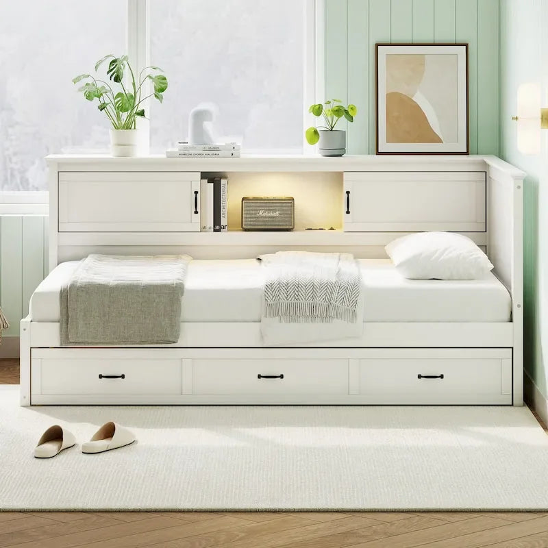 Lit mezzanine en L avec tiroir et bibliothèque, lit capitaine en bois avec éclairage LED et port USB