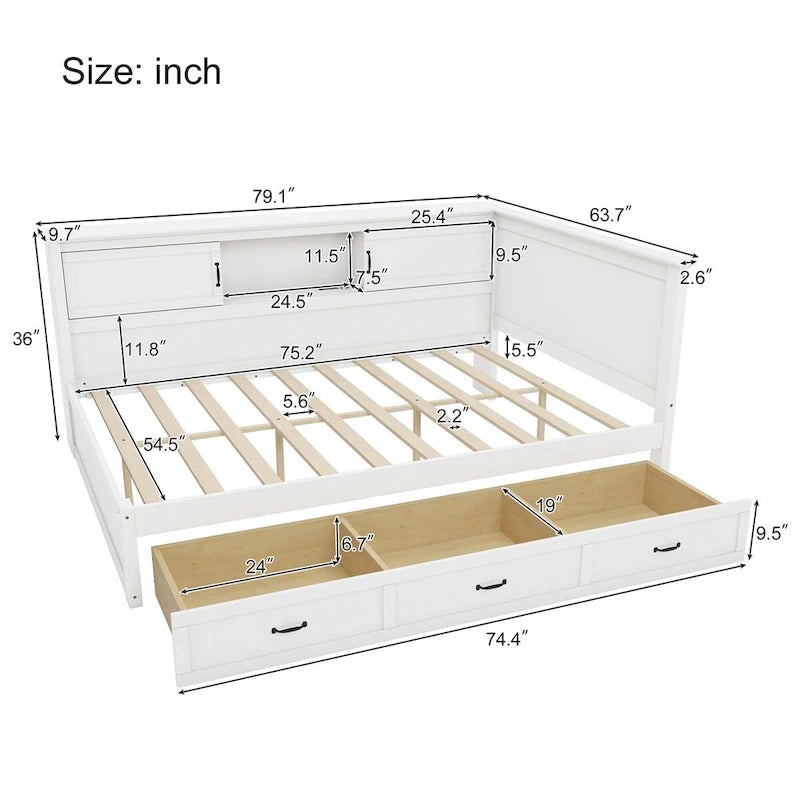 Lit mezzanine en L avec tiroir et bibliothèque, lit capitaine en bois avec éclairage LED et port USB