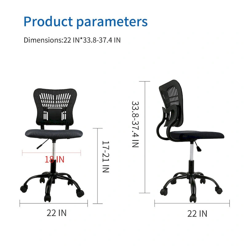 Chaise de bureau ergonomique sans accoudoirs, hauteur réglable, assise en maille