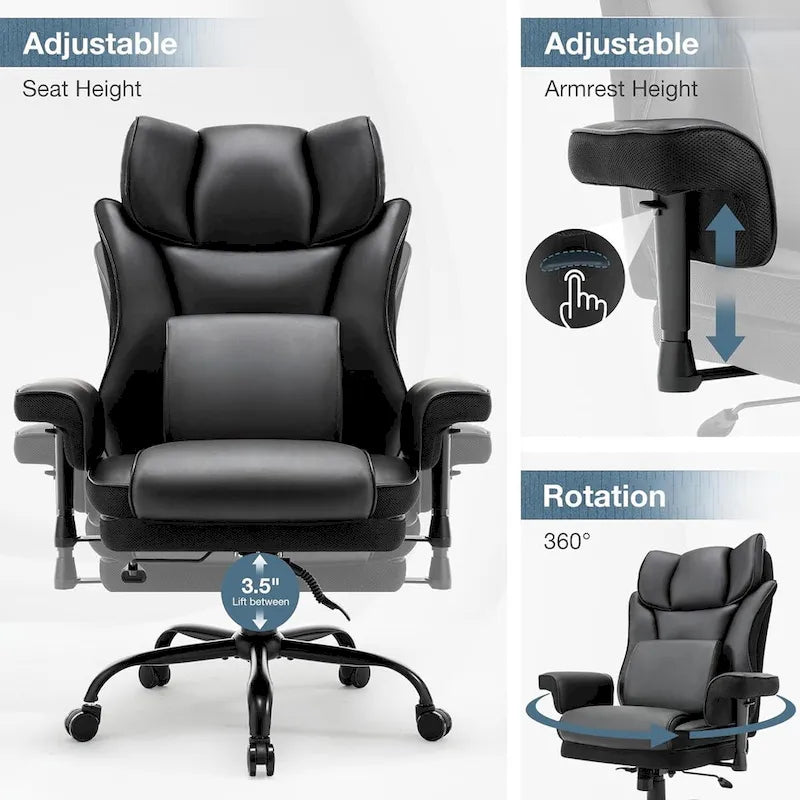 Chaise de Bureau Ergonomique Inclinable avec Accoudoirs Rembourrés Ajustables et Support Lombaire Massant