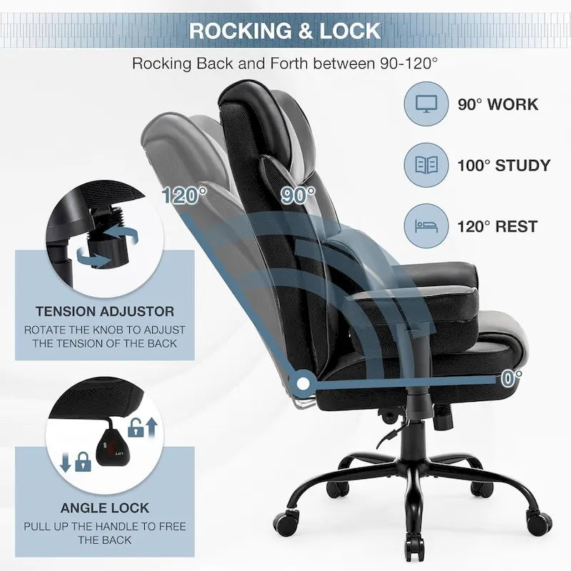 Chaise de Bureau Ergonomique Inclinable avec Accoudoirs Rembourrés Ajustables et Support Lombaire Massant