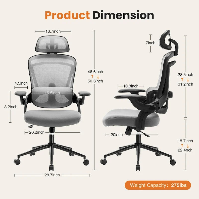 Chaise de bureau à dossier haut avec support lombaire et appui-tête réglables