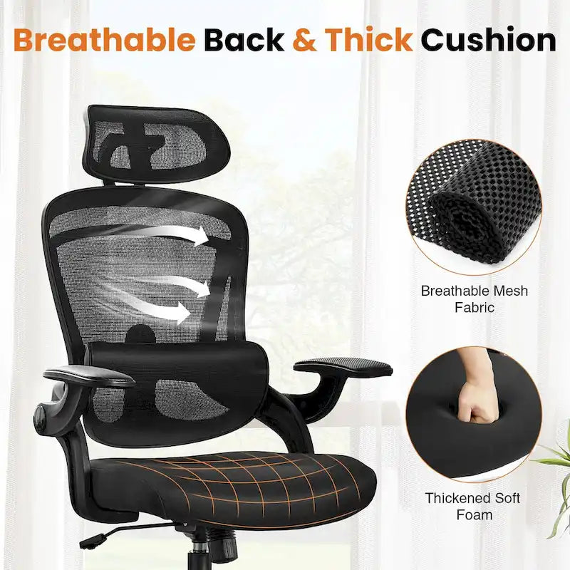 Chaise de bureau à dossier haut avec support lombaire et appui-tête réglables