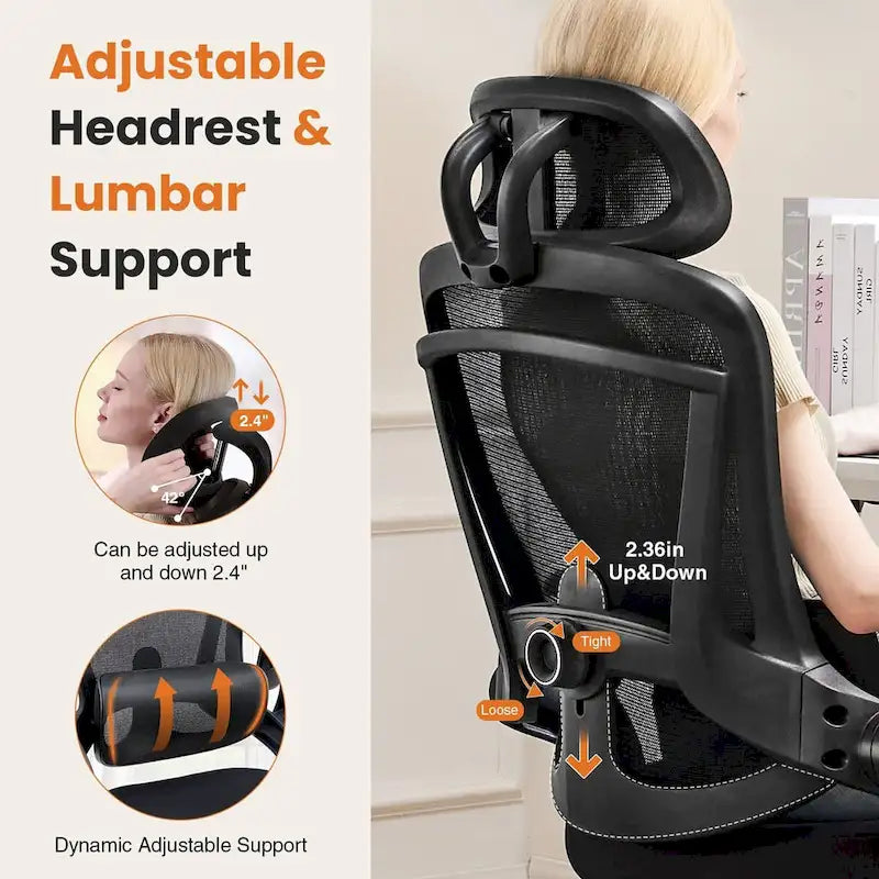 Chaise de bureau à dossier haut avec support lombaire et appui-tête réglables