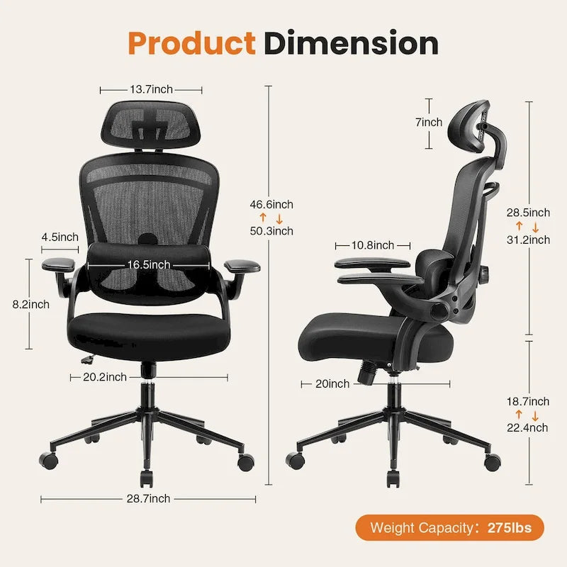 Chaise de bureau à dossier haut avec support lombaire et appui-tête réglables