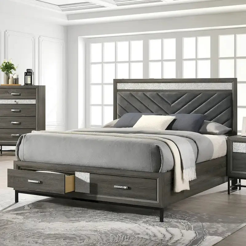 Ensemble de chambre à coucher 6 pièces Heinisk contemporain gris sur plateforme de Furniture of America
