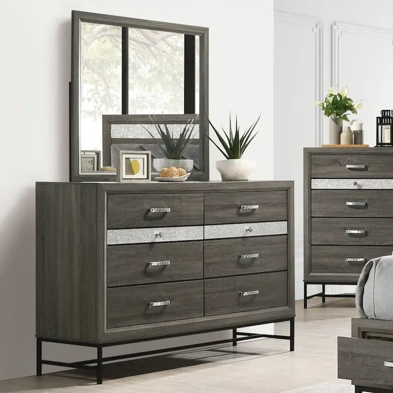 Ensemble de chambre à coucher 6 pièces Heinisk contemporain gris sur plateforme de Furniture of America