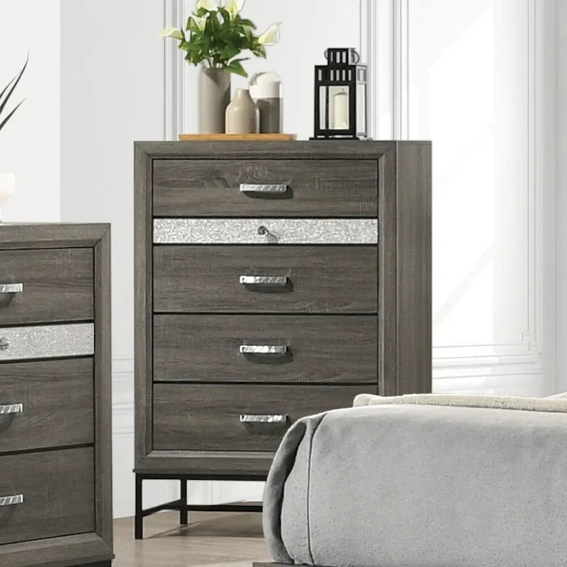 Ensemble de chambre à coucher 6 pièces Heinisk contemporain gris sur plateforme de Furniture of America