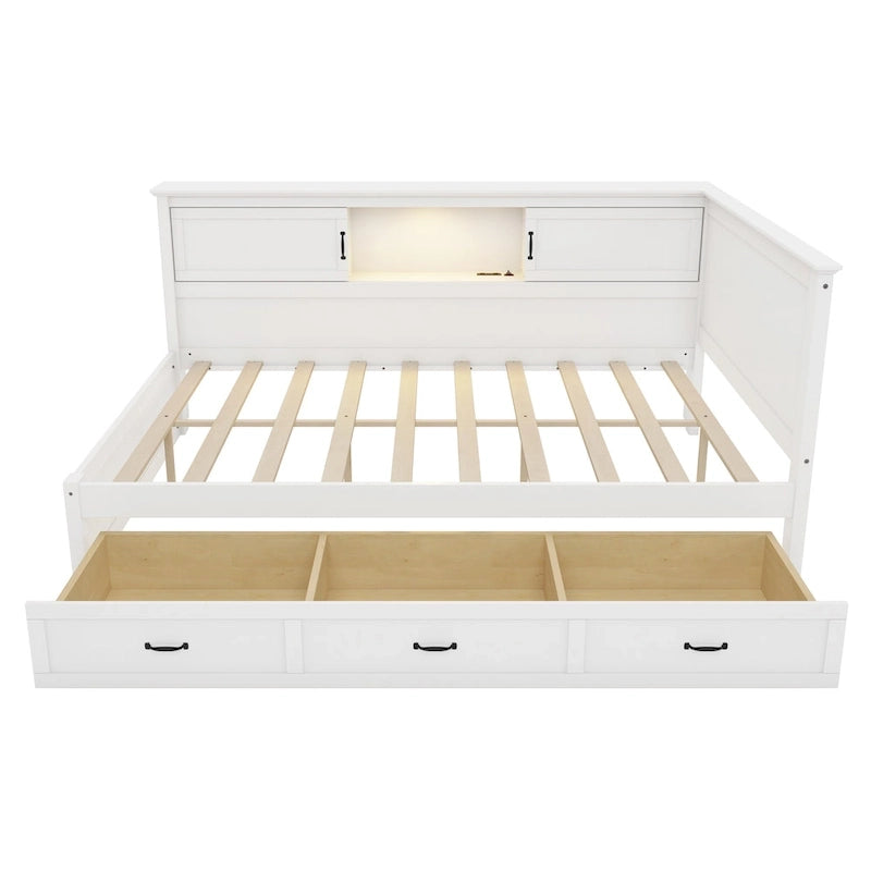 Cadre de lit d'angle en L avec tiroir, bibliothèque, spot LED et port USB