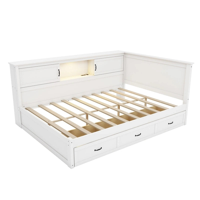 Cadre de lit d'angle en L avec tiroir, bibliothèque, spot LED et port USB