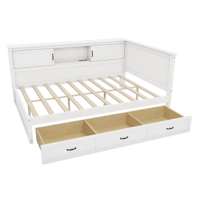 Cadre de lit d'angle en L avec tiroir, bibliothèque, spot LED et port USB