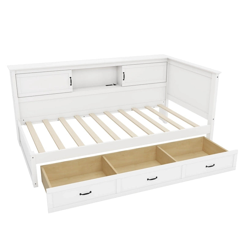 Cadre de lit d'angle en L avec tiroir, bibliothèque, spot LED et port USB