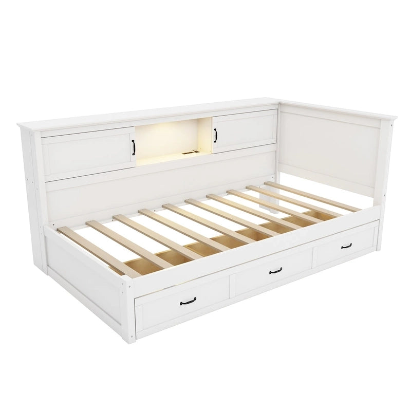 Cadre de lit d'angle en L avec tiroir, bibliothèque, spot LED et port USB
