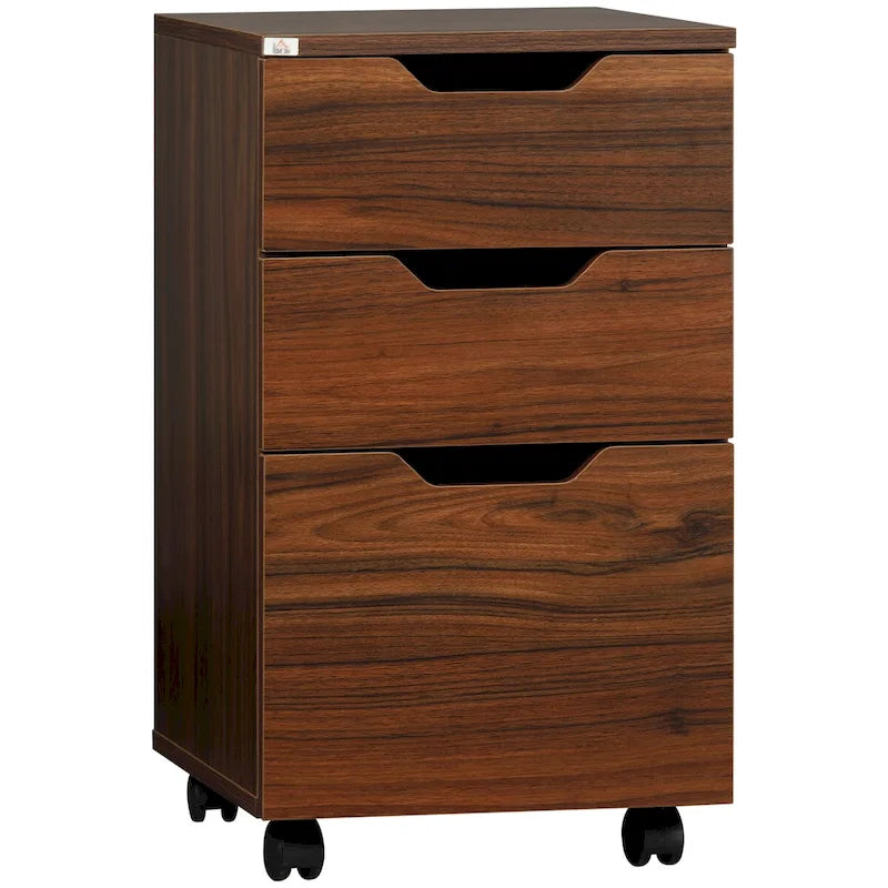 Meuble de rangement de bureau à 3 tiroirs, meuble bas avec roulettes, grain de bois marron