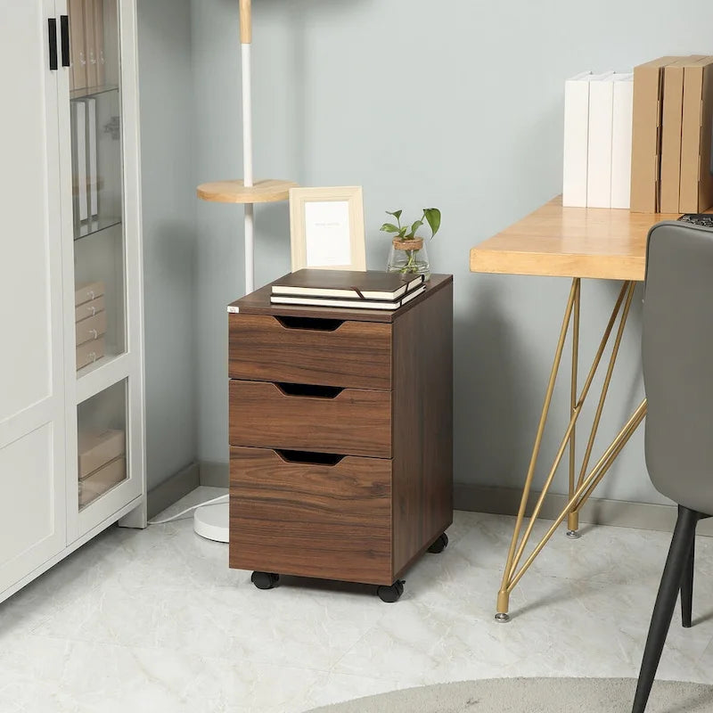 Meuble de rangement de bureau à 3 tiroirs, meuble bas avec roulettes, grain de bois marron
