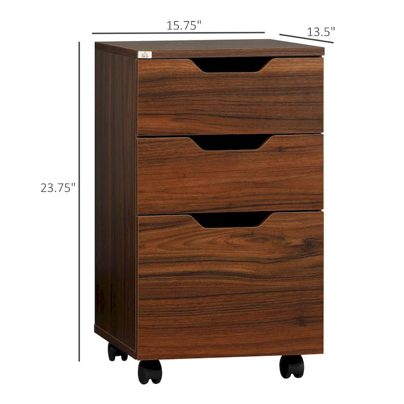 Meuble de rangement de bureau à 3 tiroirs, meuble bas avec roulettes, grain de bois marron
