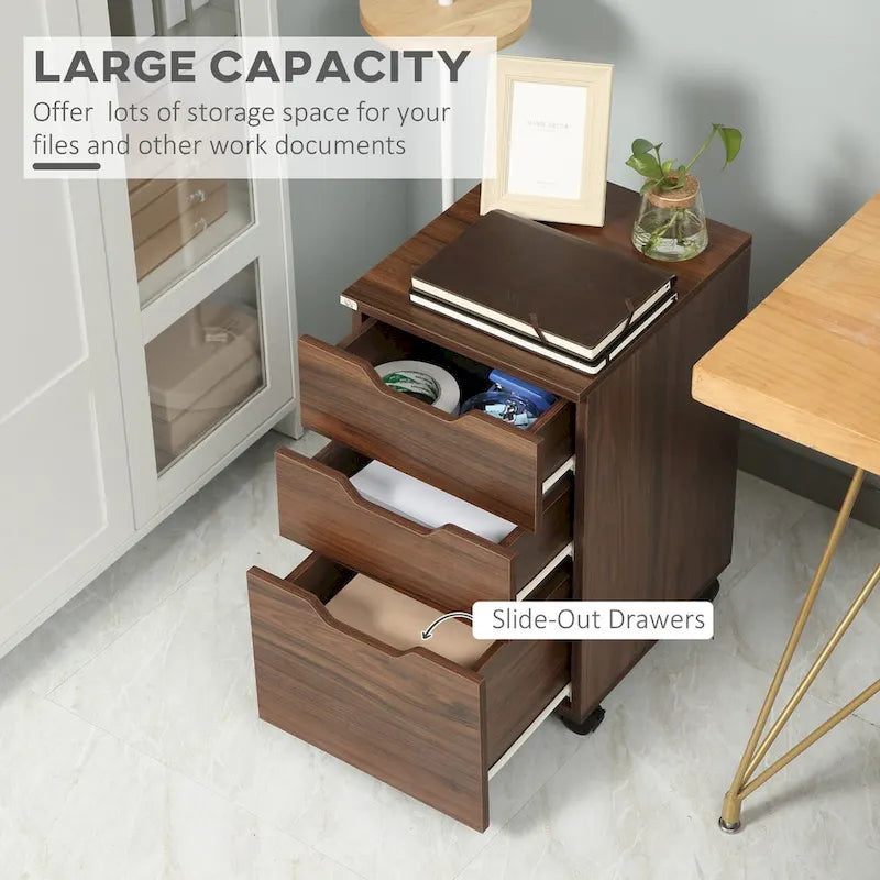 Meuble de rangement de bureau à 3 tiroirs, meuble bas avec roulettes, grain de bois marron